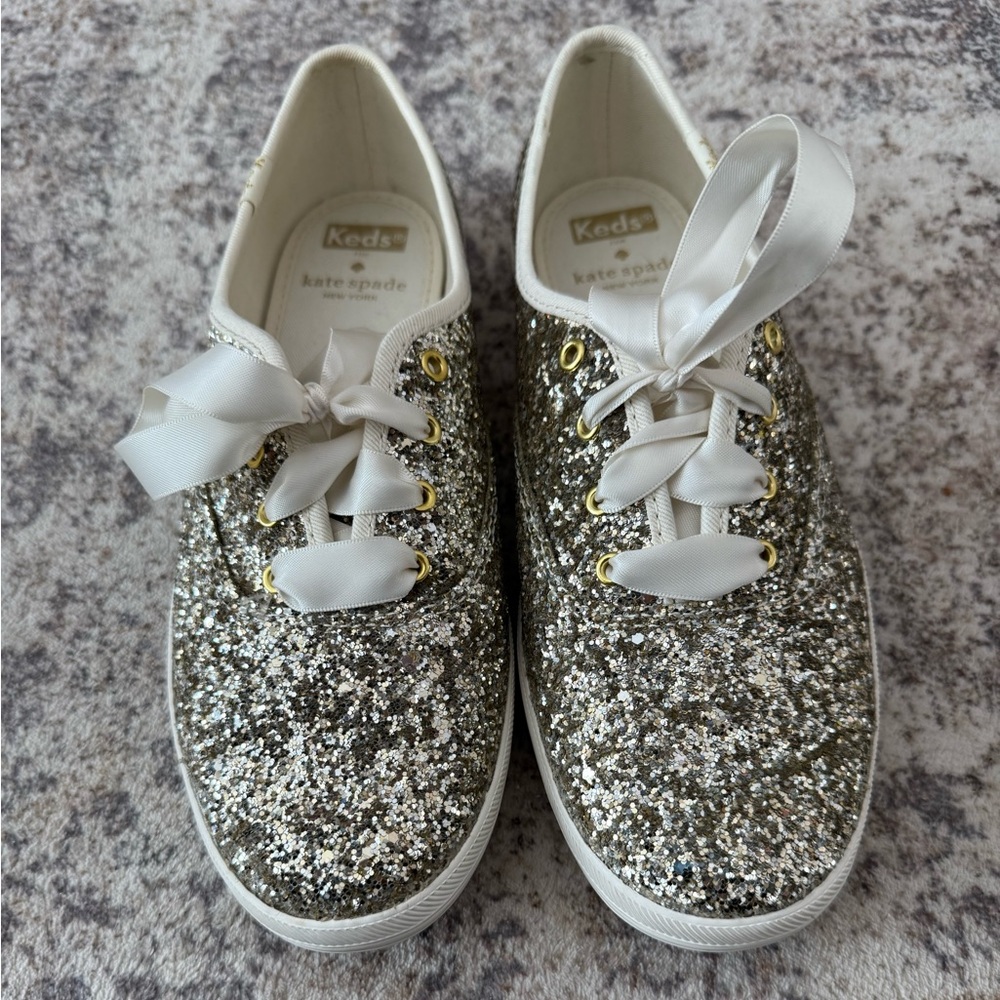Keds x Kate Spade Glitter Sneakers Womens 7.5 Champagne Gold Ribbon Lace Shoes